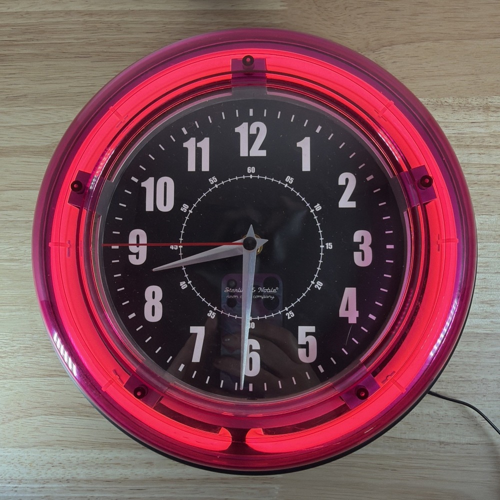 Pink Neon Walk Clock with light switch Sterling & Noble Neon Clock Company